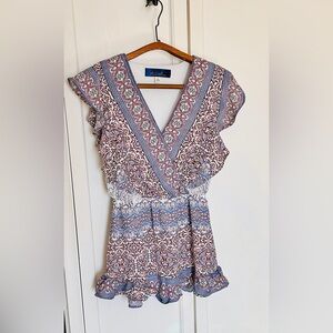 Blue Rain Romper Paisley Pattern Lined V Neck Snap Close Cinched Waist Womens XS